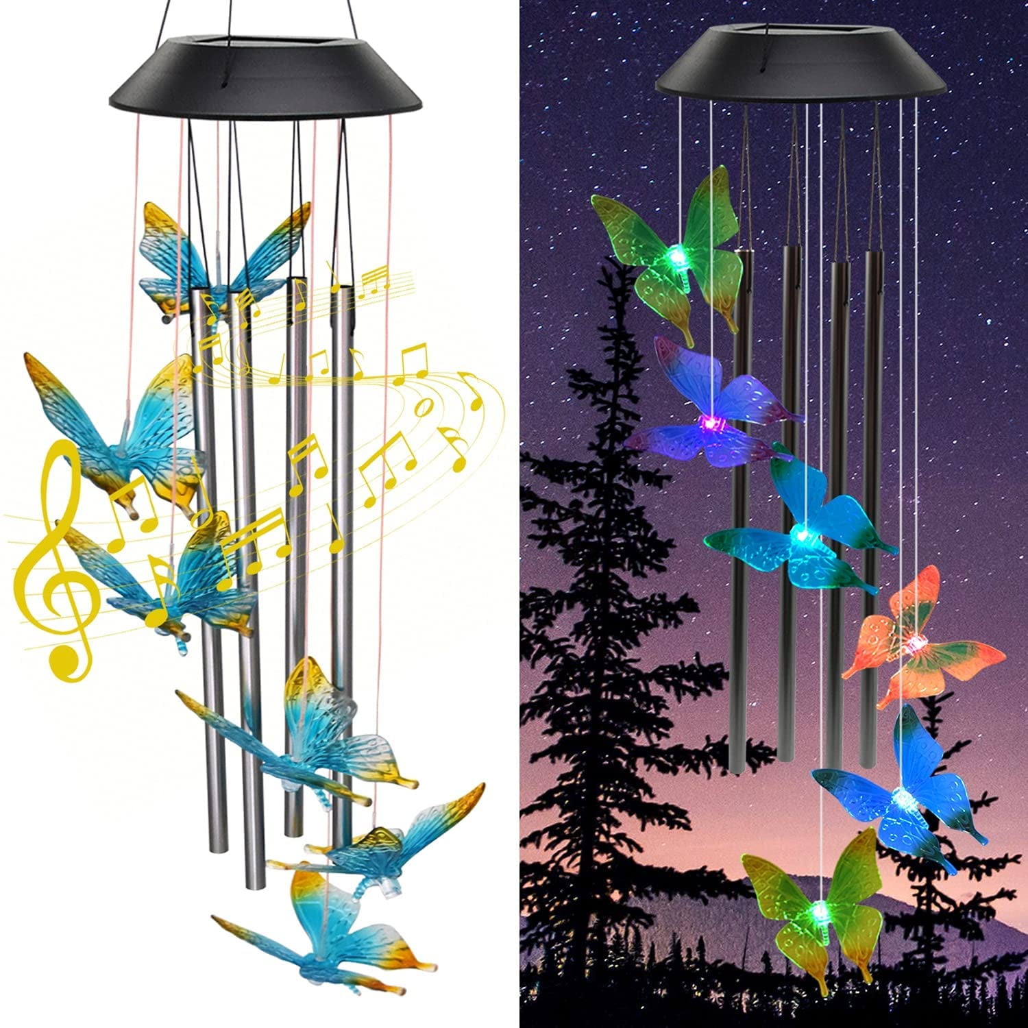 Solar Wind Chimes for Outside, Butterfly Windchimes with Music Metal Tubes, 7 Colors Changing LED Lights, Waterproof Wind Bells for Indoor Outdoor, Garden, Patio Decor, Love Memorial, Mom Gift