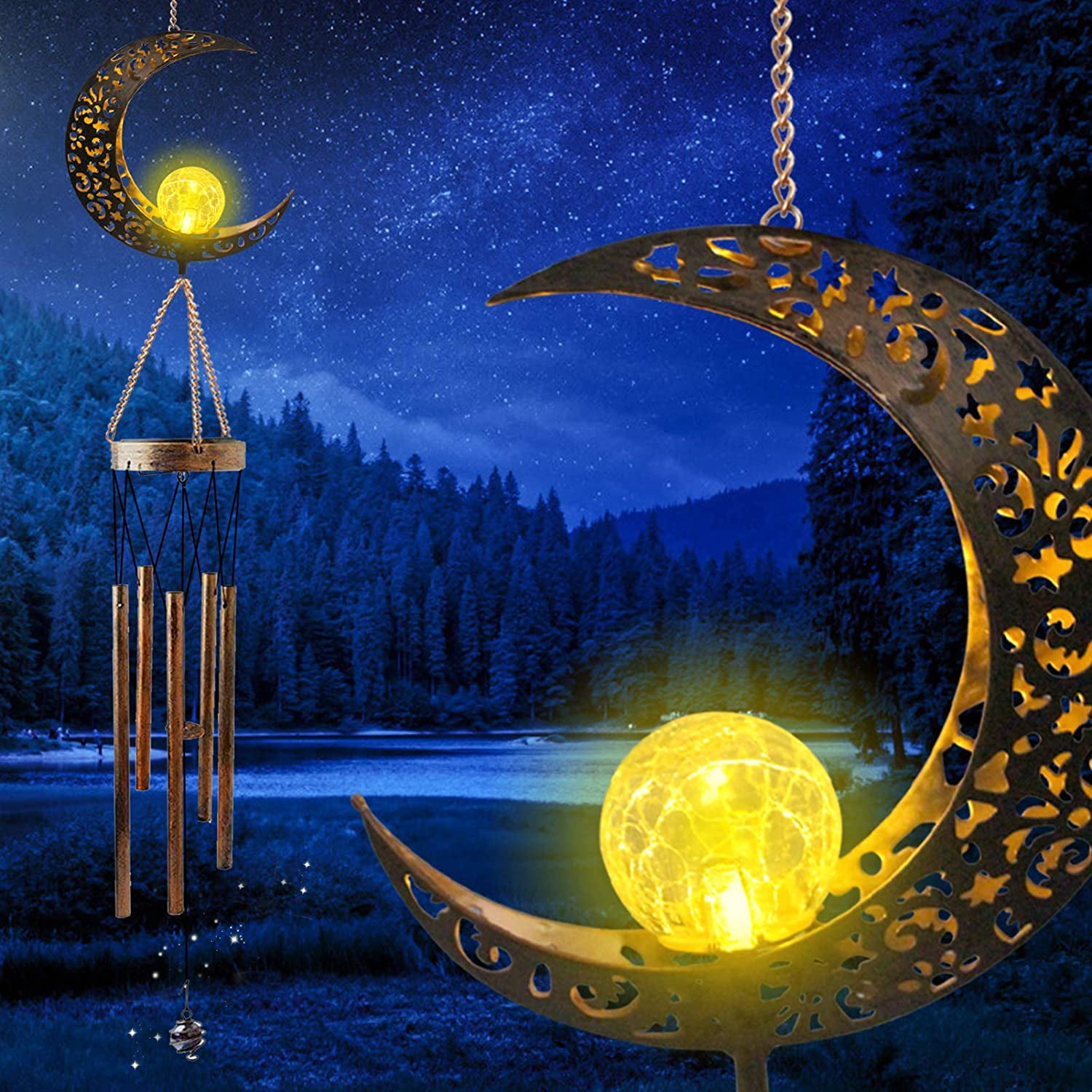 Solar Wind Chimes - Retro Copper Bells, Crackle Gl