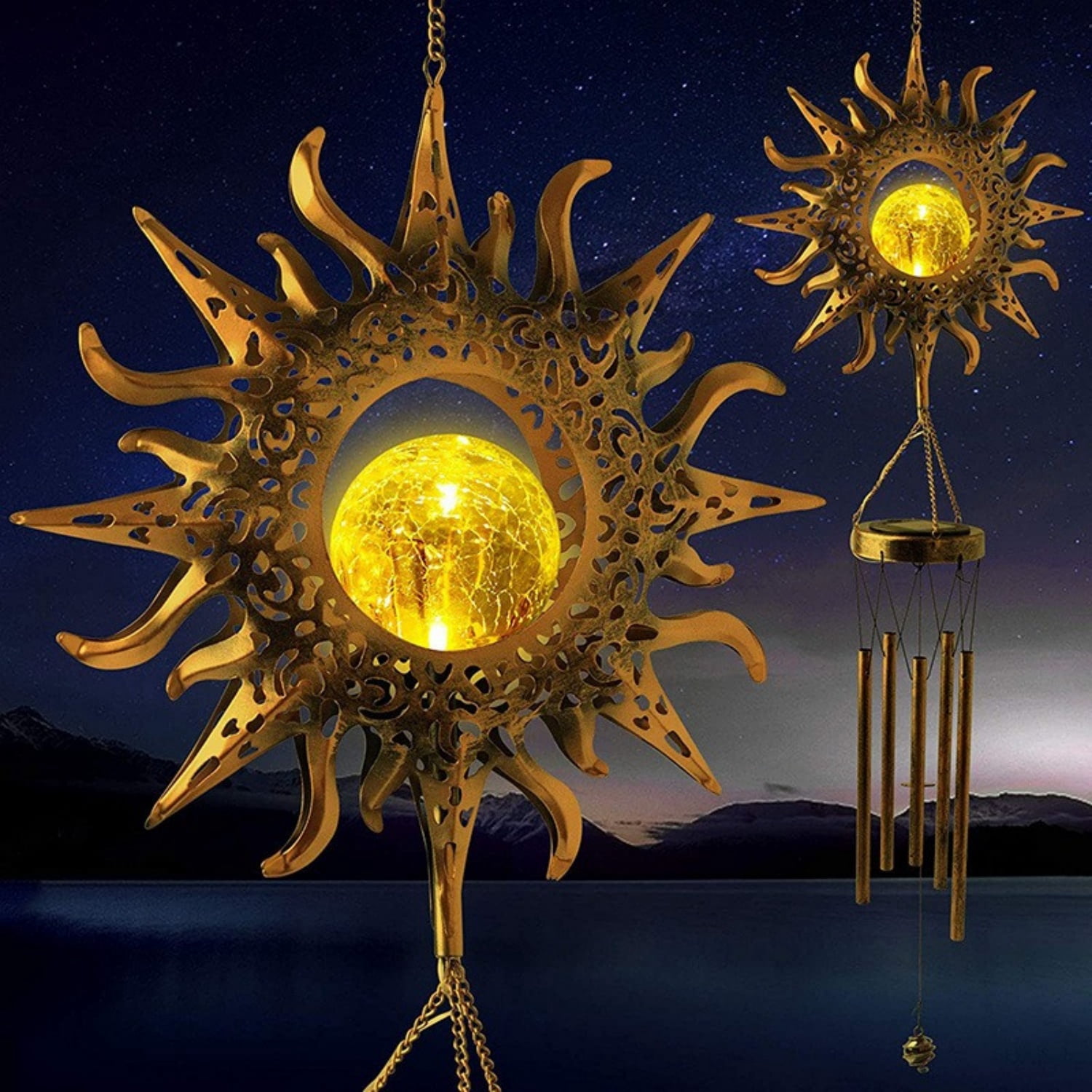 Solar Wind Chimes Retro Copper, With Cracked Glass Ball, 42-Inch Outdoor Garden Chandelier, Large Deep Tone Soft Music Wind Chimes, Outdoor Decorations for Garden, Patio, Porch