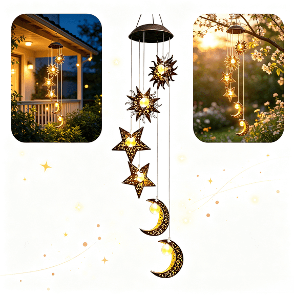 Solar Wind Chimes, 3-in-1 Sun Moon Star Hanging Lights, Waterproof Outdoor Garden Decor with Auto Night Sensor, Gift for