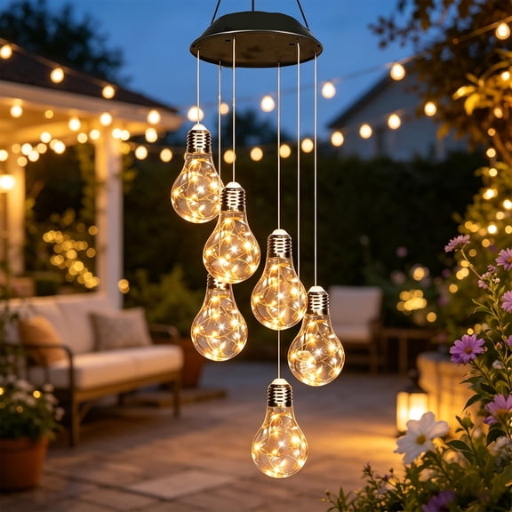 Rirool Solar Wind Chimes Outdoor Waterproof, Warm White Edison Bulb Hanging Solar Lights for Patio Garden Backyard Porch Balcony Decorative Wind Chime