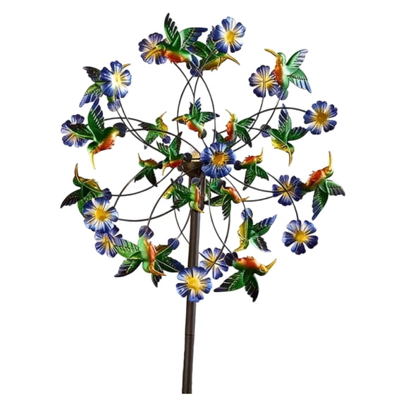 Solar Wind Spinner with Decorative Flowers - Outdoor Solar-Powered Kinetic Wind Sculpture with Colorful Floral & Bird Accents, Sturdy Metal Stake for Garden, Patio, Yard, Lawn, Outdoor Decor