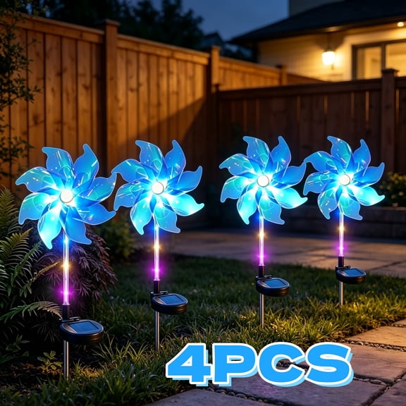 Solar Wind Spinner Lights with Colorful Pinwheel, 4 Pack Garden Stake Lights for Pathway