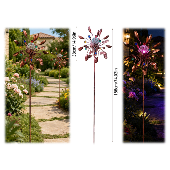 Solar Wind Spinner Multi-Color LED Lighting, Dual Direction Spinning Metal Wind Sculpture Stake, Solar LED Wind Spinner Inlaid with Vibrant Crystal Beads for Garden Decor