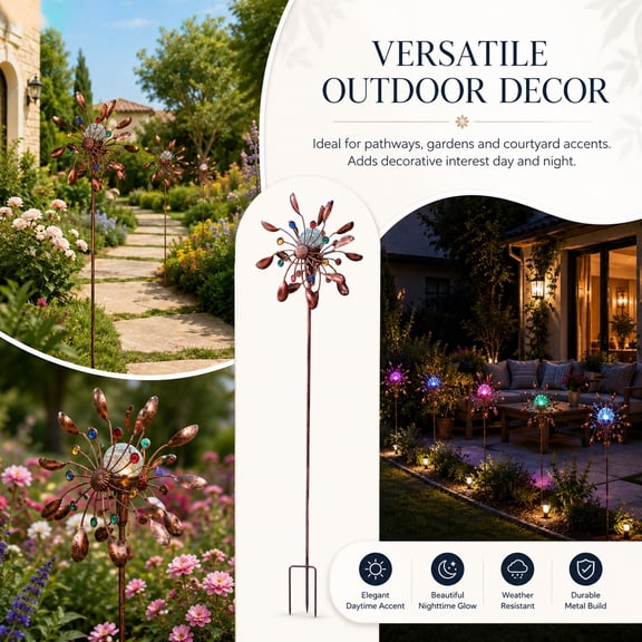 Solar Wind Spinner Multi-Color LED Lighting, Wind Driven Kinetic Metal Windmill Stake, Color Gem Embellished Solar Illuminated Spinner for Outdoor Home Garden Layout
