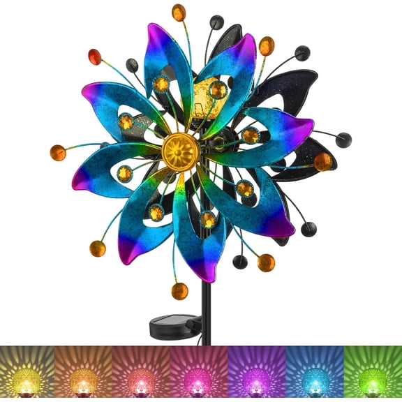 Solar Wind Spinner Outdoor - H58xW13 Metal Kinetic Garden Sculptures with Multi-Color Changing LED Lights Yard Art Stake Decorative Windmill for Lawn, Patio & Walkway Gifts Women