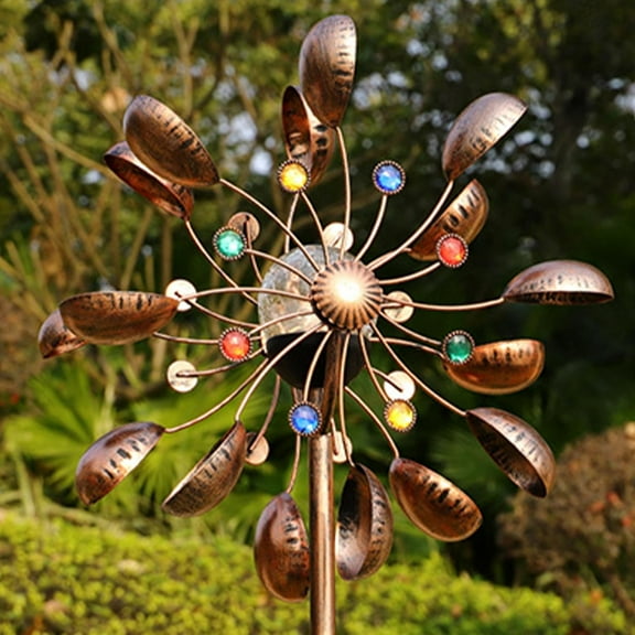 Solar Wind Spinners Outdoor Decor:75in Metal Dual Direction Garden Windmill,Wind Spinner with Solar Powered Color Changing LED Light,Kinetic Art Windmills for Yard (C)