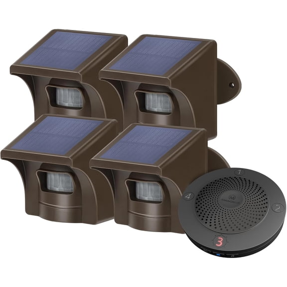 Solar Wireless Driveway Alarm System (1/2 Mile Range, 1 Receiver & 4 Solar Sensors) - Weatherproof Outdoor Motion Detector for Farm, Long Driveway & Property Security