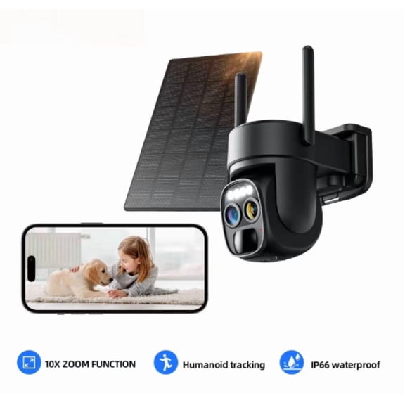 Solar Wireless Outdoor Camera Dual-Lens,10X Zoom,2K Resolution 360 Pan Tilt Control,Two-Way Audio with Spotlight Siren PIR Motion Detection Card Remote Safety Connection Black