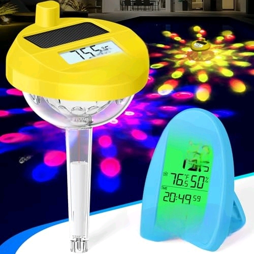Solar Wireless Pool Thermometer with Dynamic Light Show | Backlit Display Floating Pool Thermometer - Easy Read at Night | 650FT Wireless Transmission Water Temperature Monitor for Spa-Yellow