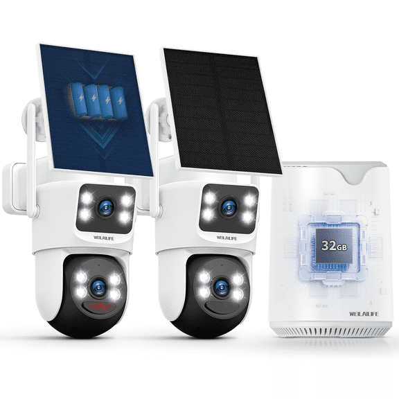 WEILAILIFE Solar Powered PTZ Security Camera System with 2-Way Audio, 4MP Dual Lens Security Cameras Wireless Outdoor