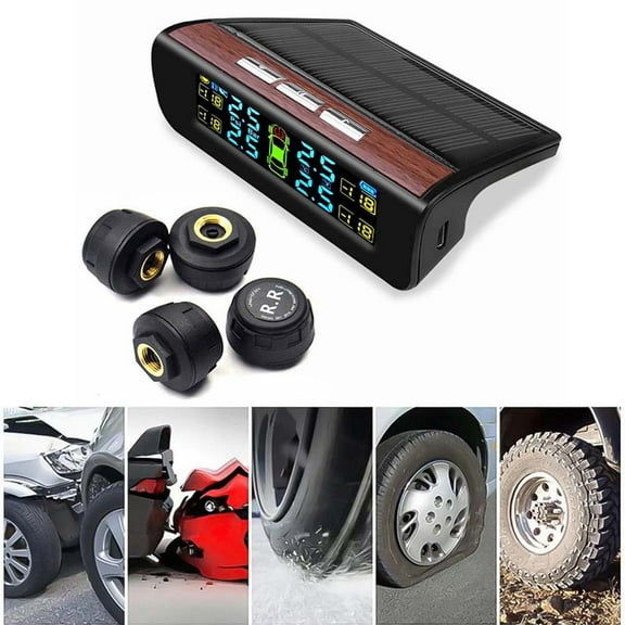 Solar Wireless TPMS With 4 Sensors, Car Tire Pressure Monitoring System LCD Display, Real-Time Temperature Alarm, Auto Start/Stop, Fitment For Vehicles