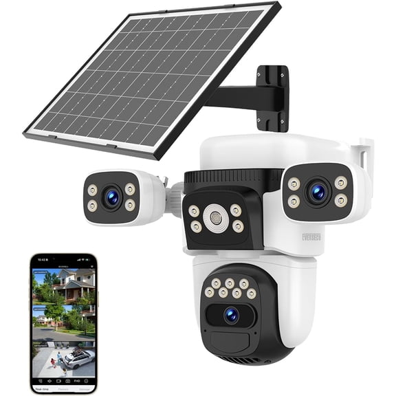 Solar Wireless Triple Lens WiFi PTZ Security Camera, Three Cameras in One, Side with Adjustable All-Angle Arm, 2K 360 View No Blind Spot, Auto Tracking, Spotlight, 2 Way Audio