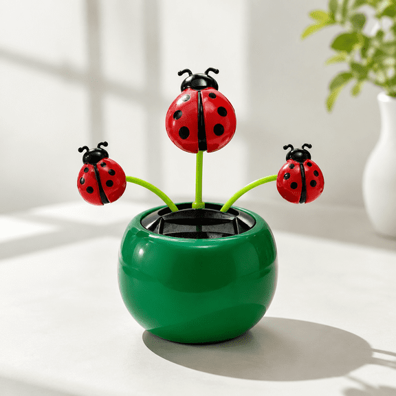 Solar Wobble Ladybug Car Dashboard Decor, 3-Cartoon Beetle Potted Ornament, Solar Powered Swing Insect Auto Interior Accessory for Car Desk Decoration