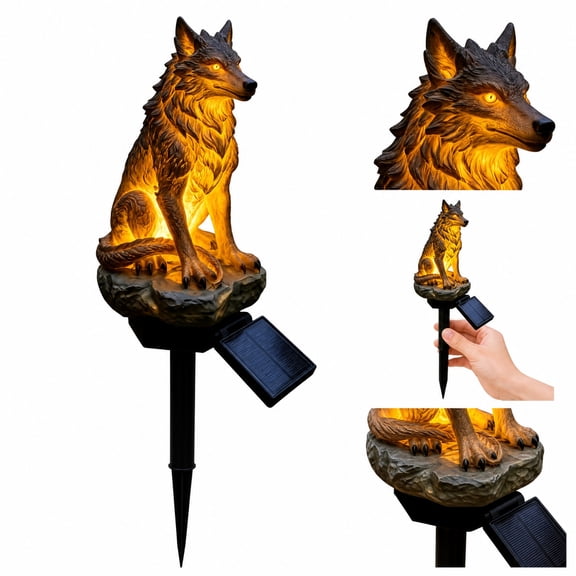 Solar Wolf Ground Stake Light, Resin Outdoor Landscape Lamp with Warm LED Glow, Auto On/Off Waterproof Yard Pathway Decor, Rustic Wild Animal Garden Ornament