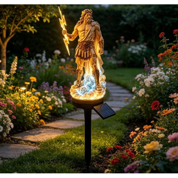 Solar Zeus Garden Stake Lights, Greek Mythology God of Thunder LED Solar Pathway Lamp, Resin Lightning Zeus Statue Waterproof Outdoor Landscape Light for Lawn Patio Yard Decor