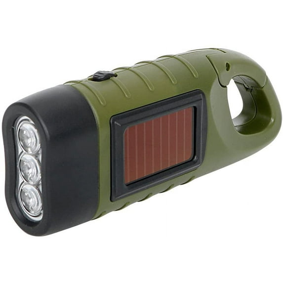 Solar and Hand Crank Charging LED Flashlight, Outdoor Emergency Light, Portable Camping Lamps, with Snap Hook for Hanging, Green and Black