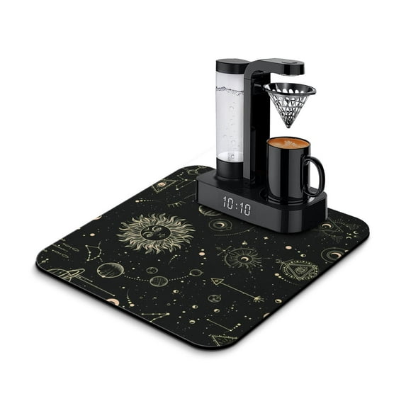 Solar and Lunar Eclipse Coffee Station Mat - Mystical Moon and Sun Absorbent Pad - Multi-Use Coffee Bar Mat - Ethereal Cosmic Elements Design