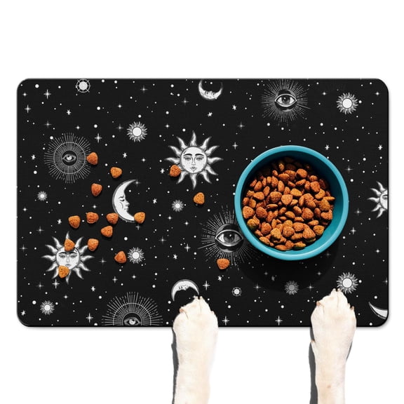 Solar and Lunar Eclipse Pet Feeding Mat - Ethereal Cosmic Elements Design, Waterproof & Durable, Easy to Wipe Clean, 18x12 Inches