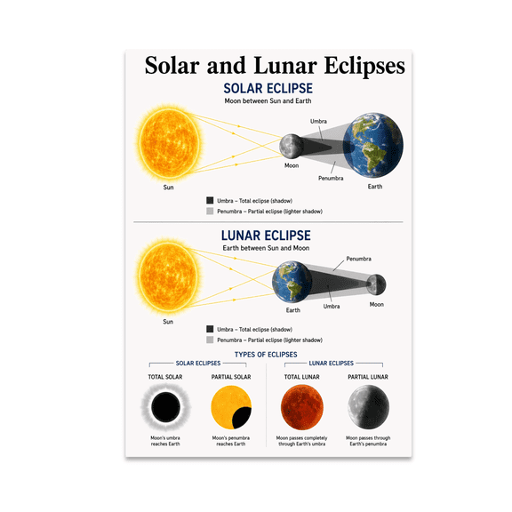 Solar and Lunar Eclipses Educational Reference - Space Science Students - 13x19 Poster Print