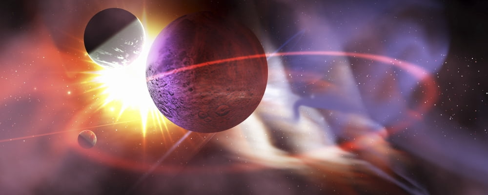 Solar flares radiate from a huge sun near a planet and its orbiting moons Canvas Art - Corey FordStocktrek Images (23 x 9)