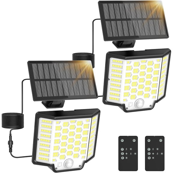 Solar floodlight outdoor waterproof, 2-pack 186 solar wall light external 2500 lumens, 3 modes with remote motion sensor, dawn to dusk solar light, 65 suitable for yard, terrace, garden, garage