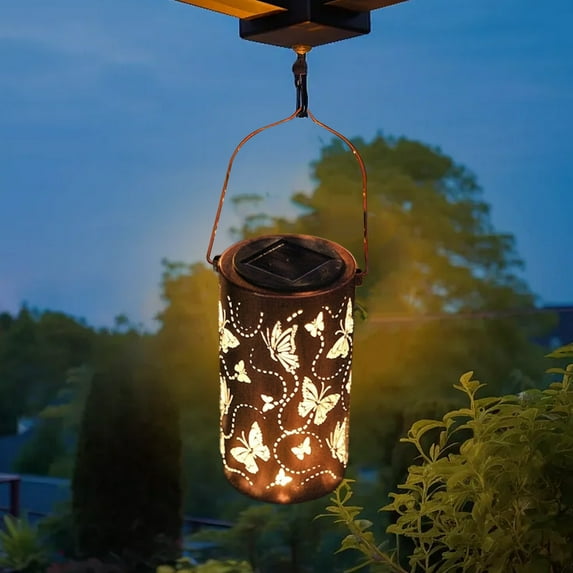 Solar lantern Outdoor Hanging Light Solar Lantern Outdoor Decor Butterfly Metal Hanging Light Waterproof Garden Patio LED Lighting Moonlight Hollow Design 7" Height B
