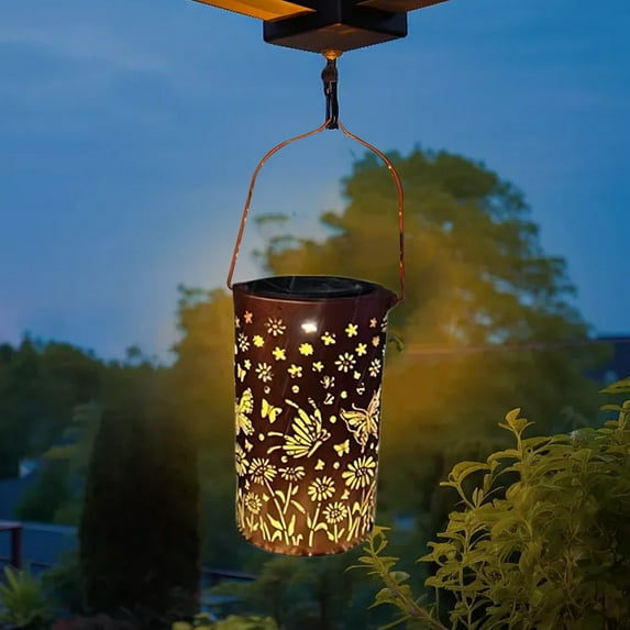 Solar lantern Outdoor Hanging Light Solar Lantern Outdoor Decor Butterfly Metal Hanging Light Waterproof Garden Patio LED Lighting Moonlight Hollow Design 7" Height C