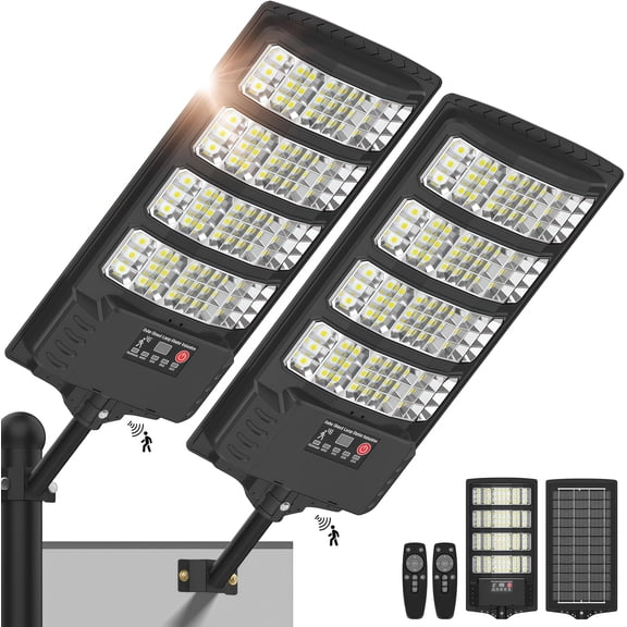 Solar Street lights Solar lights Outdoor Security Flood Pole Barn Commercial Parking Lot Light Dusk to Dawn Motion Sensor Remote Control Led Lamp,2-Pack
