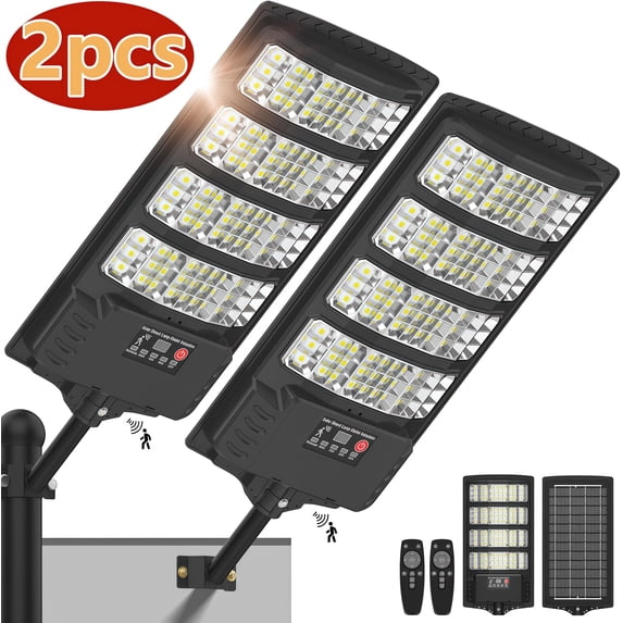 Solar lights Solar Street Security Flood Pole Barn Commercial Parking Lot Light Outdoor Dusk to Dawn Motion Sensor Remote Control Led Lamp,2-Pack