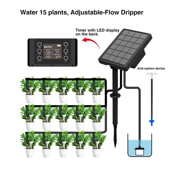 Solar lrrigation Automatic Watering System, Intelligent Irrigation Kit, Integrated LED Programmable Timer, Anti-Siphon Device, IP65, Includes  394-Inch Hose, Flow-Adjustable Drippers, for 15 Plants