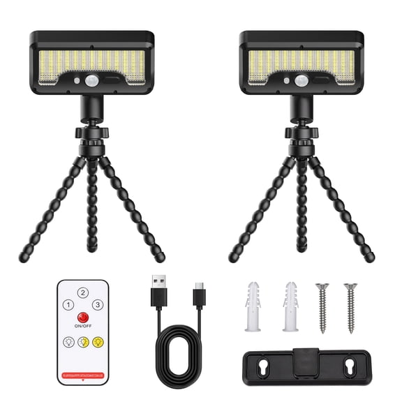 Solar motion sensor outdoor lights with Flexible Octopus Tripod, 92 LED, IP65 Waterproof, 3 Color Modes & Remote Control, Dual Charging Solar Flood Lights Outdoor for for Fence, Gutter, Tree, Patio (