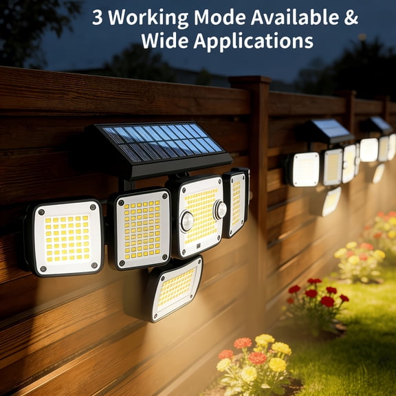 Solar-powered 6-head outdoor motion sensor light, auto-on at dusk. 270 wide-angle illumination with 3 adjustable working modes, waterproof structure for reliable outdoor wall safety lighting.