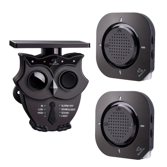Solar-powered driveway security alarm, long detection range, loud siren and indicator light for home perimeter protection.
