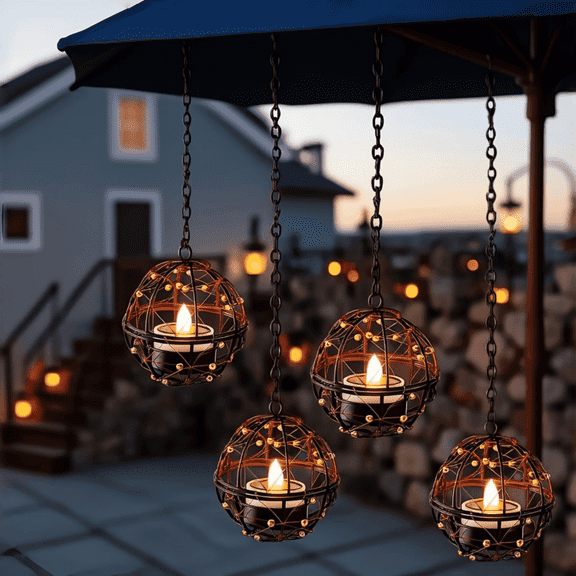 Goyuon 4 Pack Solar Powered Outdoor Hanging Lanterns, Waterproof Solar Ball Lights with Flickering LED Tea Light, Hanging Decor for Garden Patio Yard Tree Fence