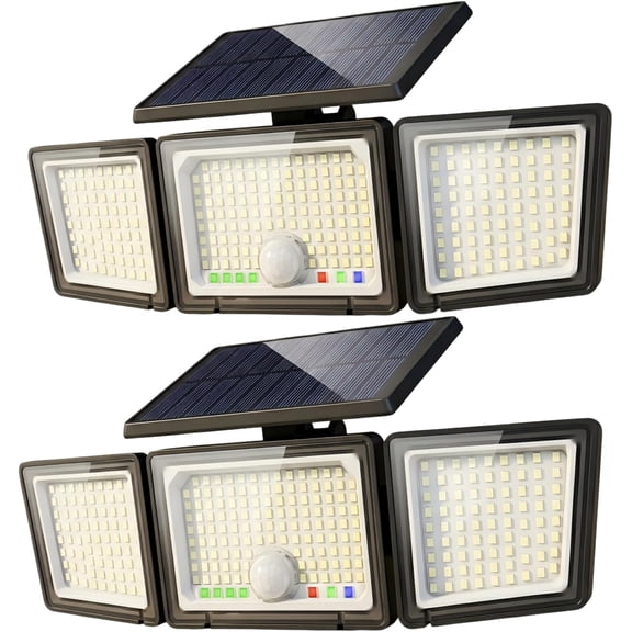 Solar powered outdoor motion sensor floodlight, 2500286 safe floodlight with visual battery and mode display, 3 lighting modes, 65 waterproof 3-head wide angle suitable for garage, yard, patio (2-pac