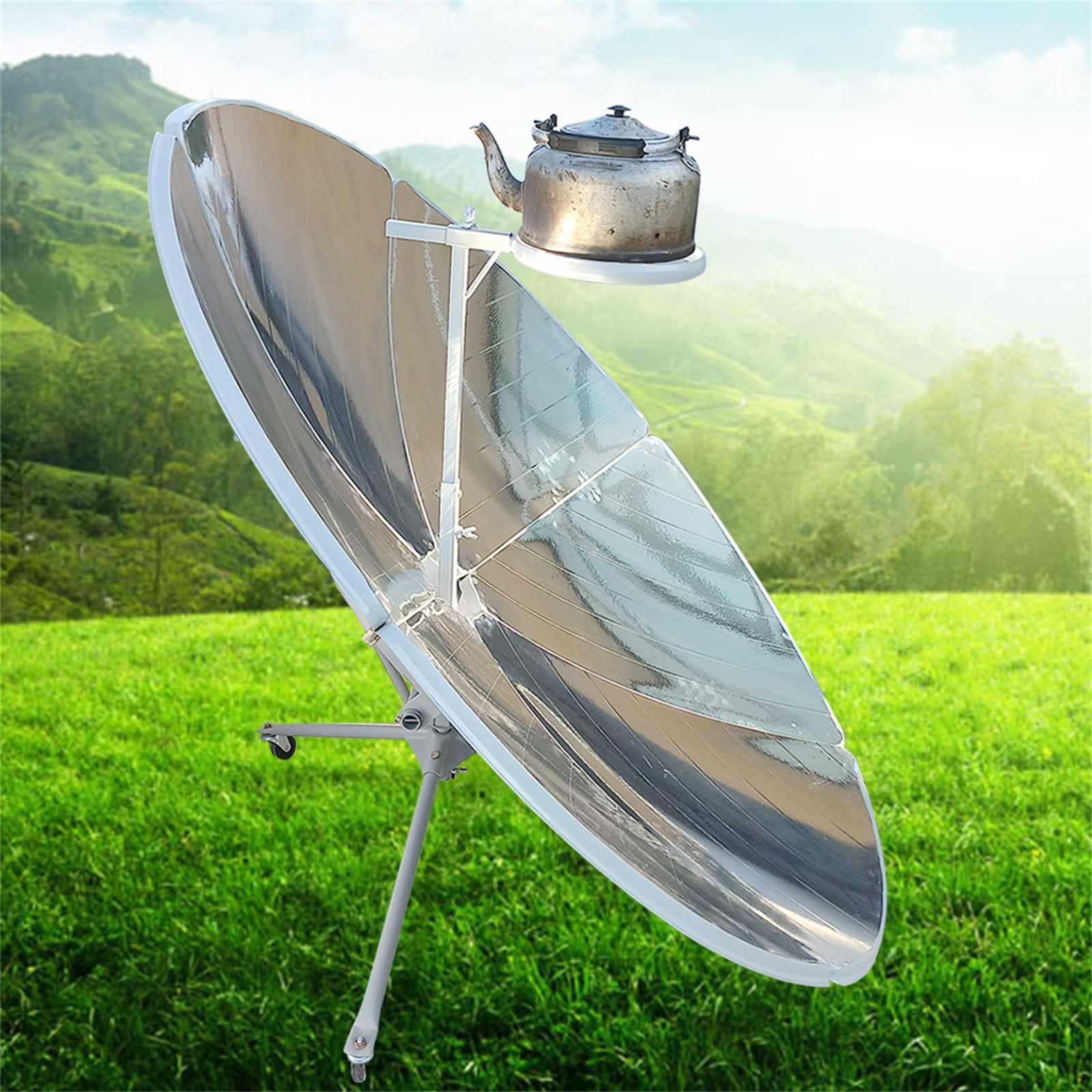 Solar-powered stove with 33.06 lbs max load, adjustable light spot, 1000-1500W power, ideal for outdoor cooking, energy-efficient and eco-friendly for sunny areas