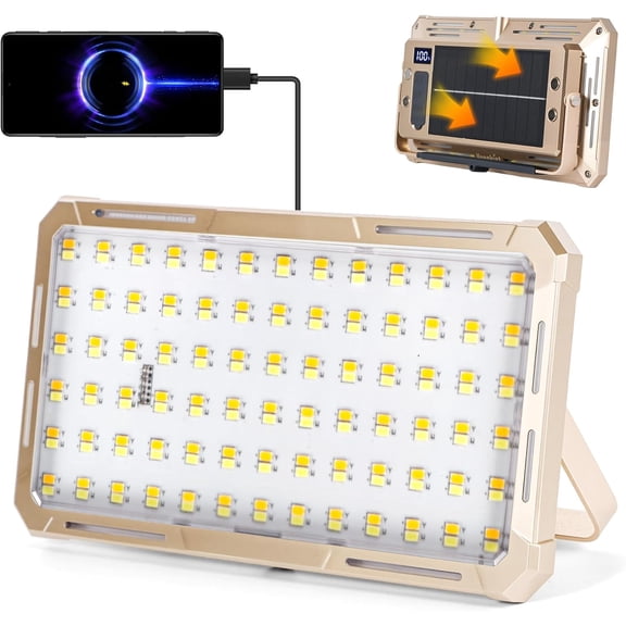 Solar rechargeable work light strip power bank and battery indicator, 178 portable floodlight with magnetic base, 4 mode 44 waterproof work site light suitable for camping, fishing, car repair (golde
