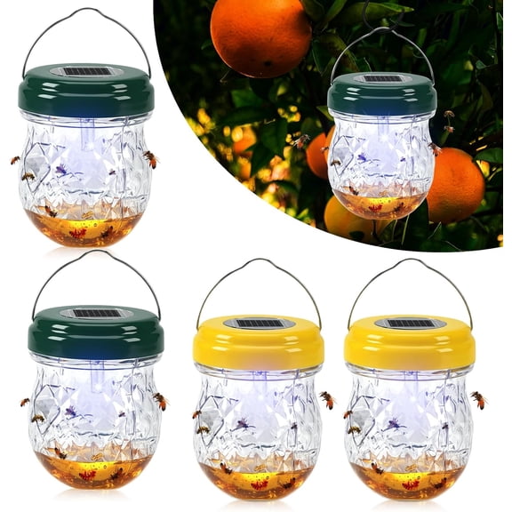 Solar wasp Traps Outdoor Hanging, 4 Packs Wasp Trap Catcher, Yellow Jacket Traps, Reusable Solar Powered Carpenter Bee Hanging for Outdoor, Hornet Trap Wasps Killer with UV LED Light
