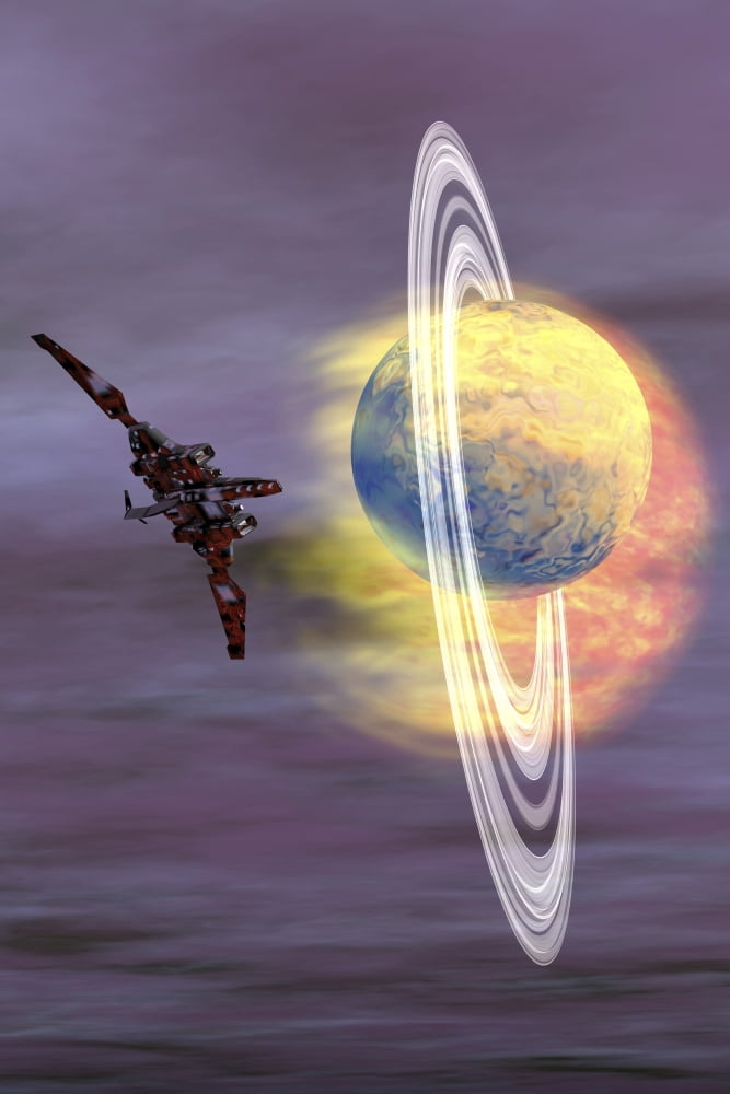 Solar winds hit a ringed planet with charged particles and gases Canvas Art - Corey FordStocktrek Images (12 x 18)