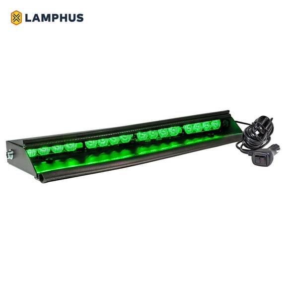 SolarBlast 18" 16-Watt LED Emergency Visor Light - Driver Side [Universal Fit] [48 Flash Patterns] [12.5 ft Cord] [Plug-and-Play] Interior Dash/Windshield LED Strobe Light Bar - Green