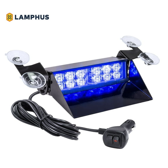SolarBlast SBWL26 12W BLUE LED Warning Strobe Dash Light [32 Flash Modes] [Adjustable Angle] [Suction Cups] Blue Flashing Emergency Dash Windshield Light for Volunteer Firefighter Truck Vehicles