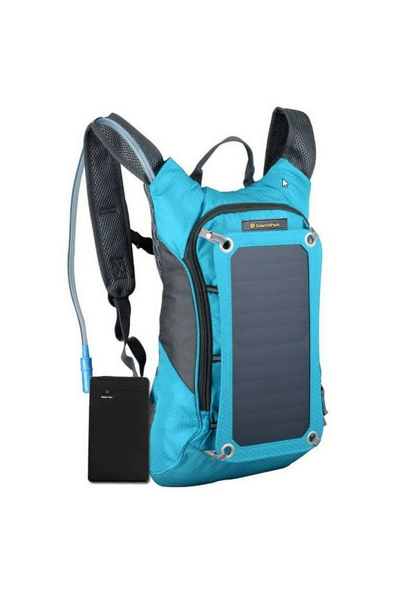 Blue Solar Powered 1.8 Liter Hydration Backpack / 7 Watt Solar Panel and 10K mAh Charging Battery / Phone and Electronic Device Power Charger Back Pack