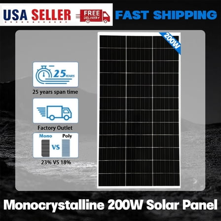 SolarHorizon 200W 12V Monocrystalline Solar Panel, 23% High-Efficiency RV Off-Grid Module, Weatherproof IP65, Lightweight for Campers, Cabins, Vans, Boats