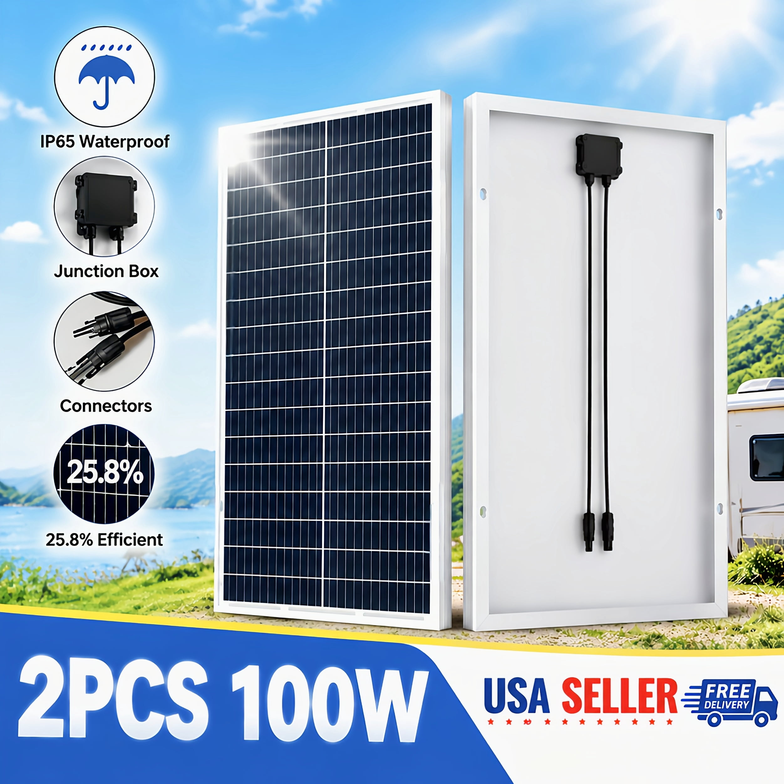 SolarHorizon 200W Solar Panels - 2 Pcs 100W Monocrystalline, Waterproof for RV, Home, Marine | Efficient & Durable