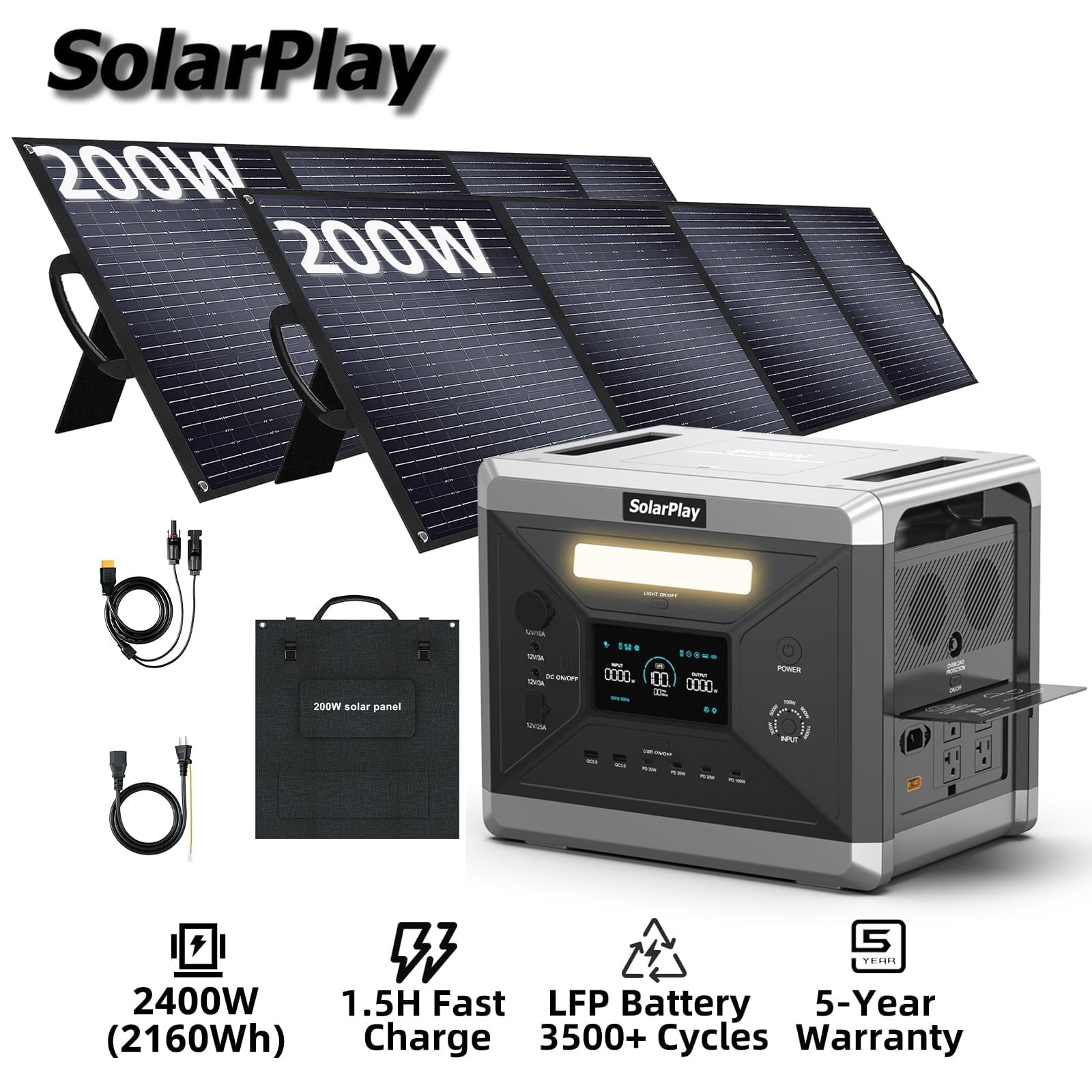 SolarPlay 2400W/2160Wh Portable Power Station, with 2 x 200W Solar Panel, 4 AC Outlet (4800W Peak), Emergency Power Station for Home, Camping, Outdoor Battery Backup
