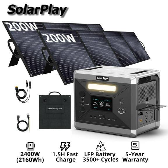 SolarPlay 2400W/2160Wh Portable Power Station, with 2 x 200W Solar Panel, 4 AC Outlet (4800W Peak), Emergency Power Station for Home, Camping, Outdoor Battery Backup