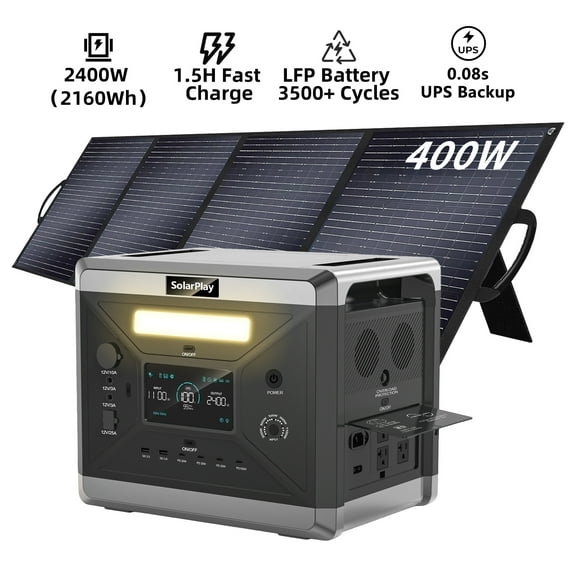Solarplay 2400W(4800W Peak) Solar Generator, with 400W Solar Panel,2160Wh Portable LiFePO4 Battery Power Station for Camping Home Backup RV