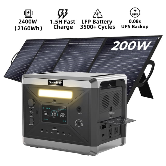 Solar Array 200w SolarPlay Q2501 2400W 2160Wh Portable Power Station with 200W Solar ...