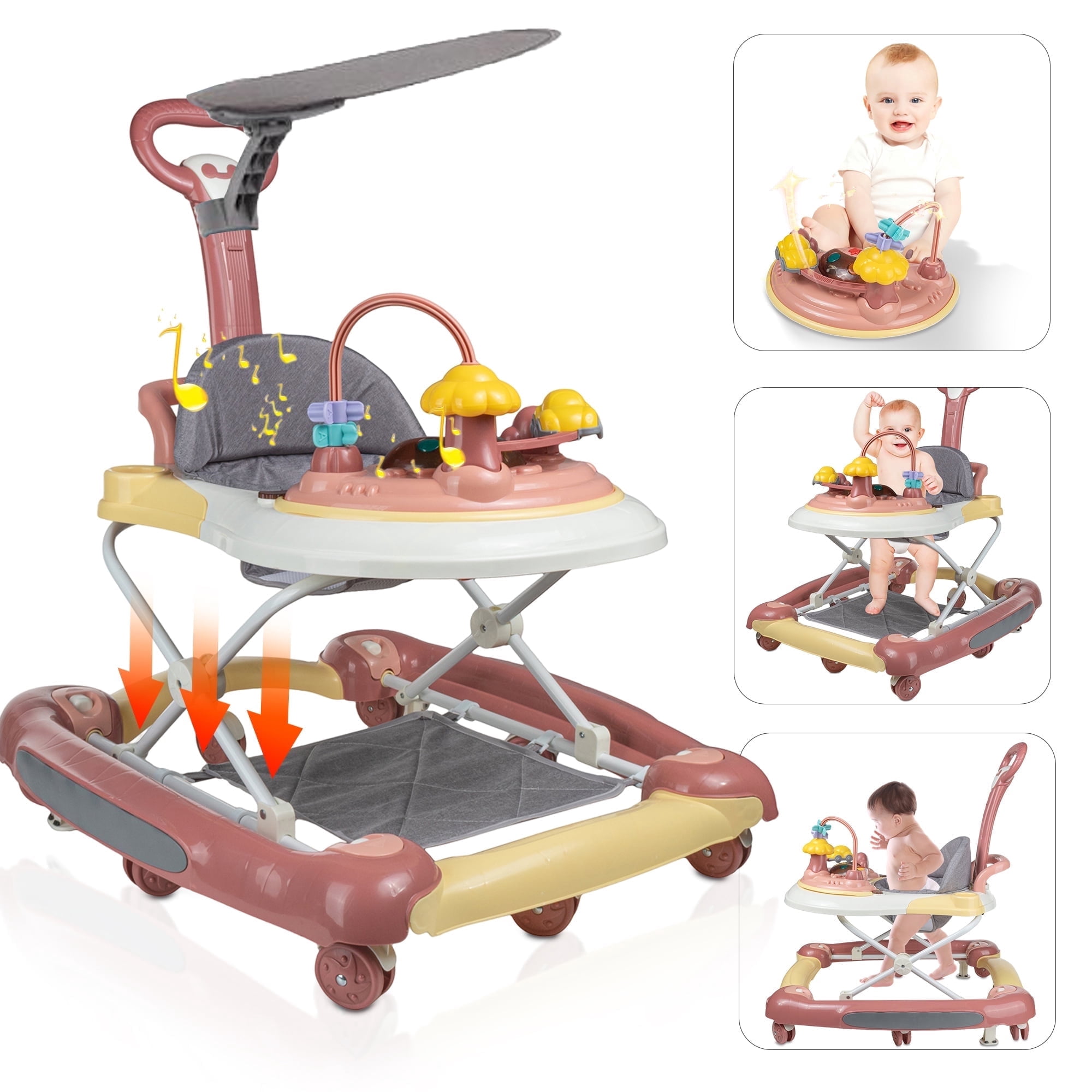 GIATUEE 4 in 1 Baby Walker with Wheels, Foldable Walker for Baby Boys Girls, 7 Months+(Pink)